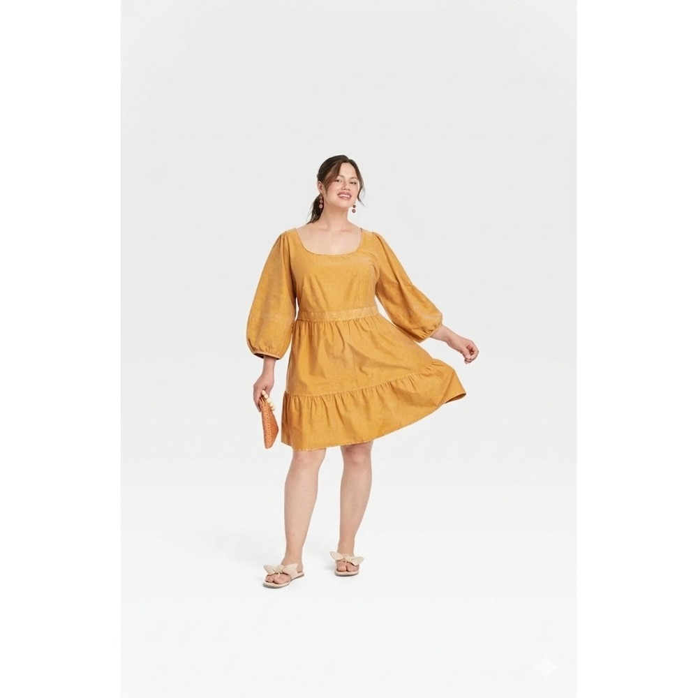 Peasant Poet Mustard Yellow  Midi Dress Cotton Ballon Sleeve Ruffle Size 3X Vaca